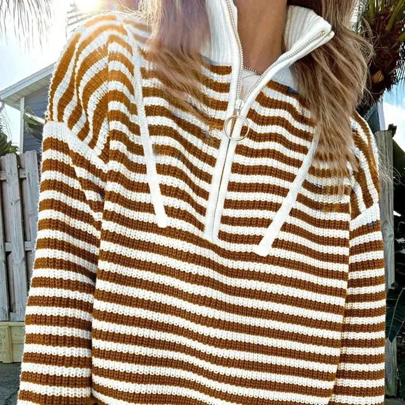 Khaki Cute Women's Boho Cotton Drop Shoulder Oversized Zip Up Pullover Sweater - Picture 1 of 3